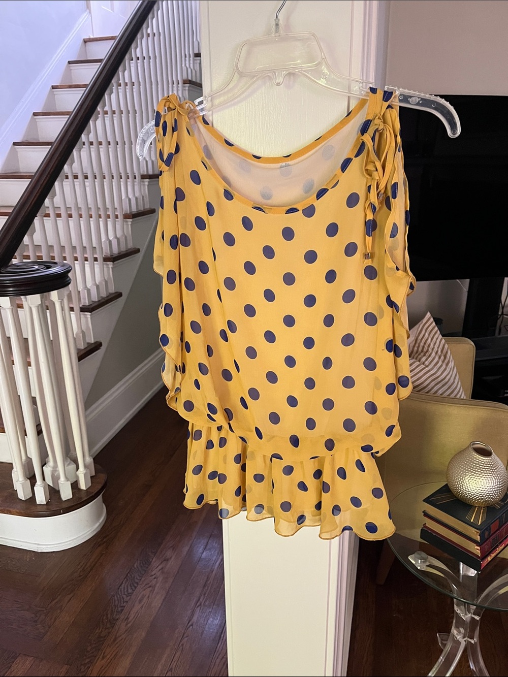 Cute fun Yellow & Navy Blue Polka Dot Blouse